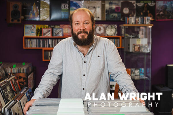 James with classic records at Slipped Discs (©AAH/Alan Wright)