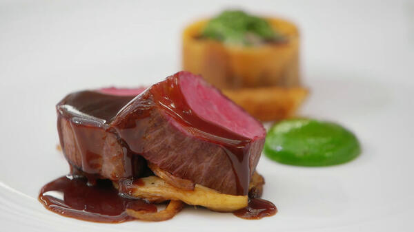 Tom’s main course include seared beef fillet and oyster side dish Tom’s main course include seared beef fillet and oyster side dish